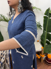 Dark Blue embroidered Khadi silk kurta with Duppata - MYSANSKRITAM