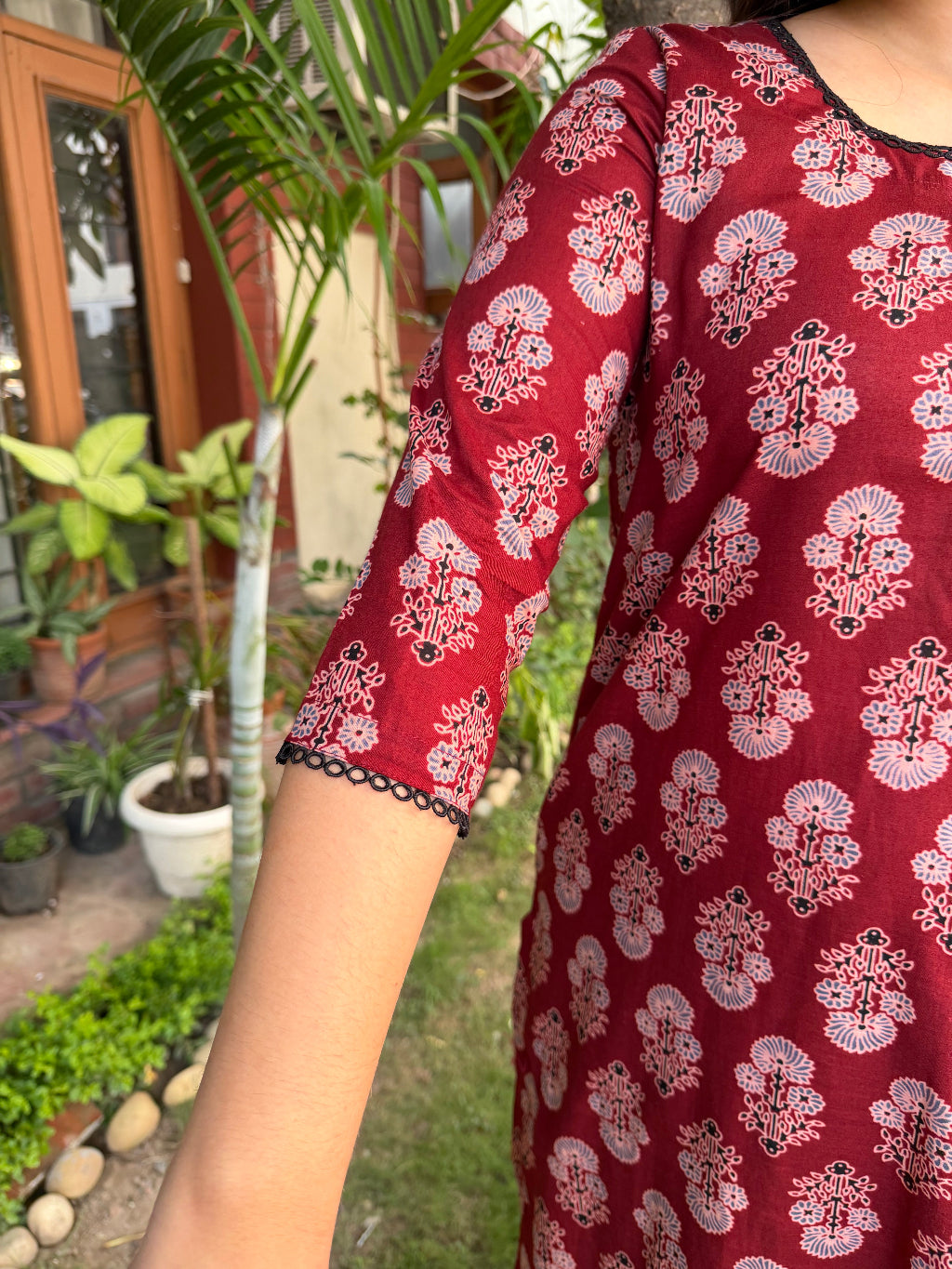 Maroon Ajrakh Lace Kurta sleeve by MySanskritam