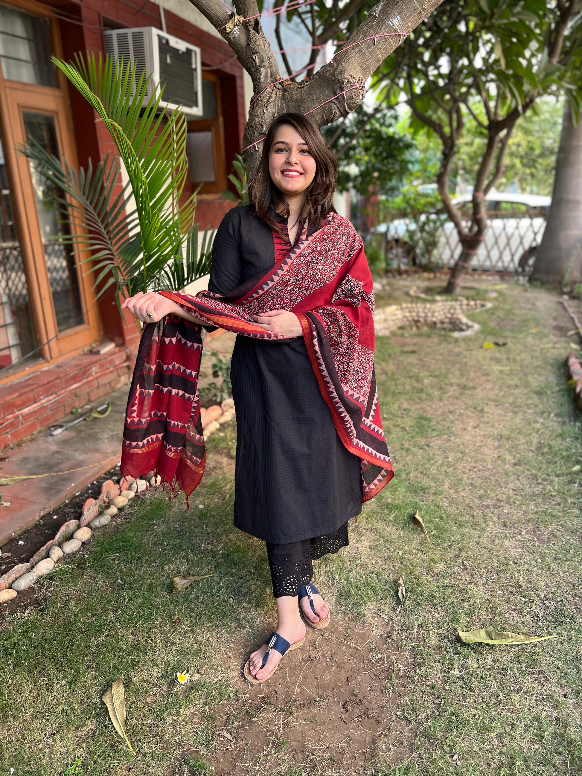 Black Border kurta with South cotton ajrakh duppata - MYSANSKRITAM