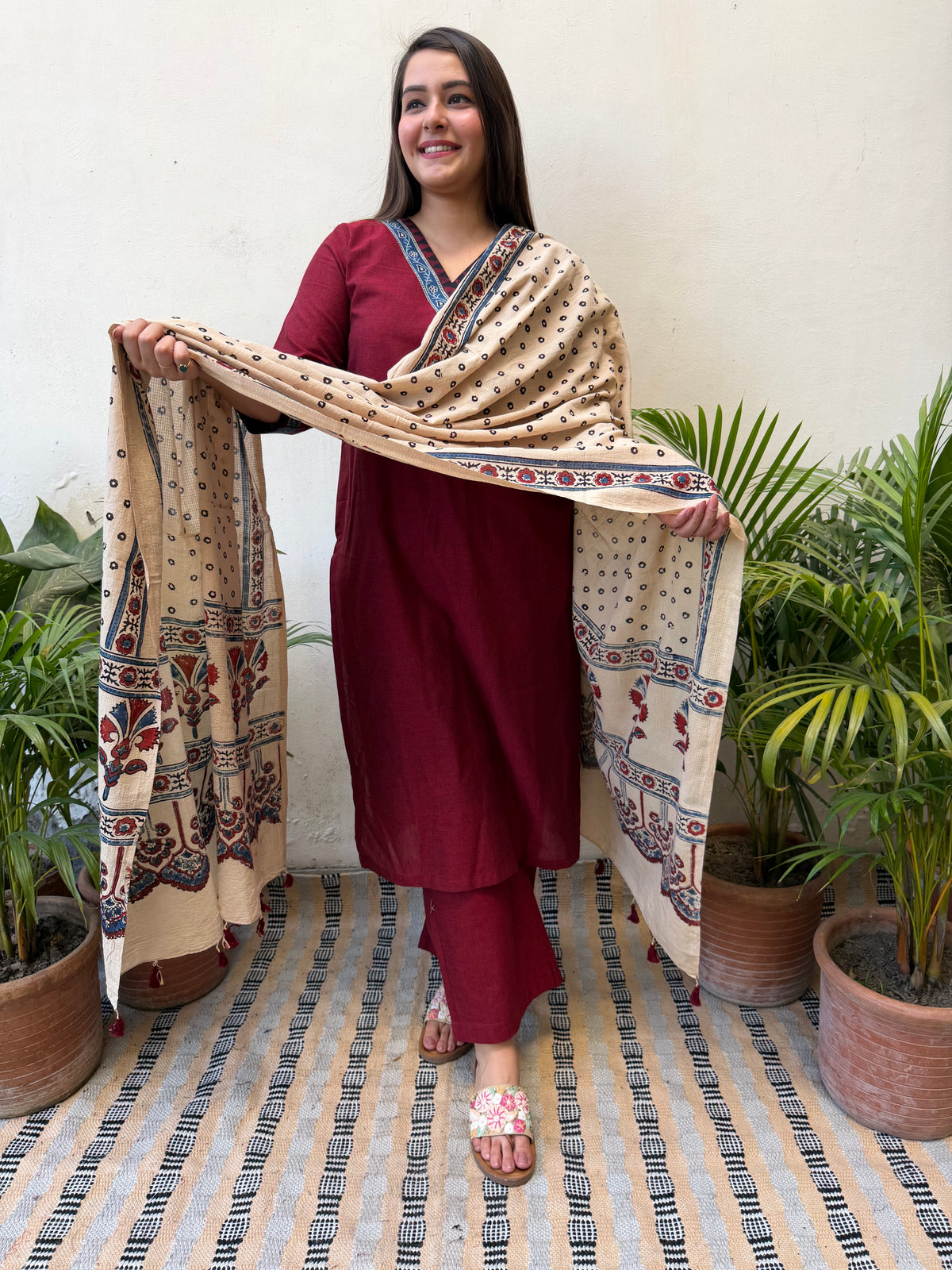 Maroon solid full suit set  with designer dupatta