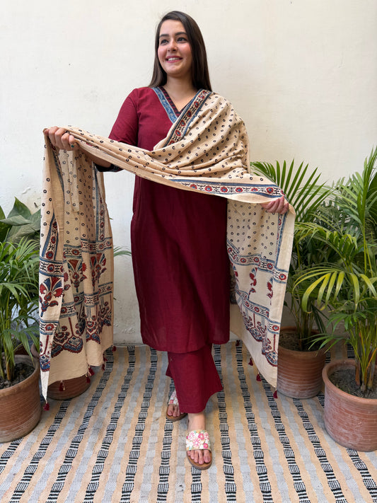 Maroon solid full suit set  with designer dupatta