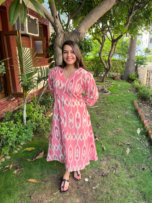 Peach Ikkat Dress (with pocket) - MYSANSKRITAM