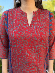 Maroon Kali Ajrakh Kurta close up by MySanskritam