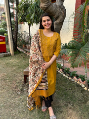 Mustard embroidered kurta with Chanderi Duppata