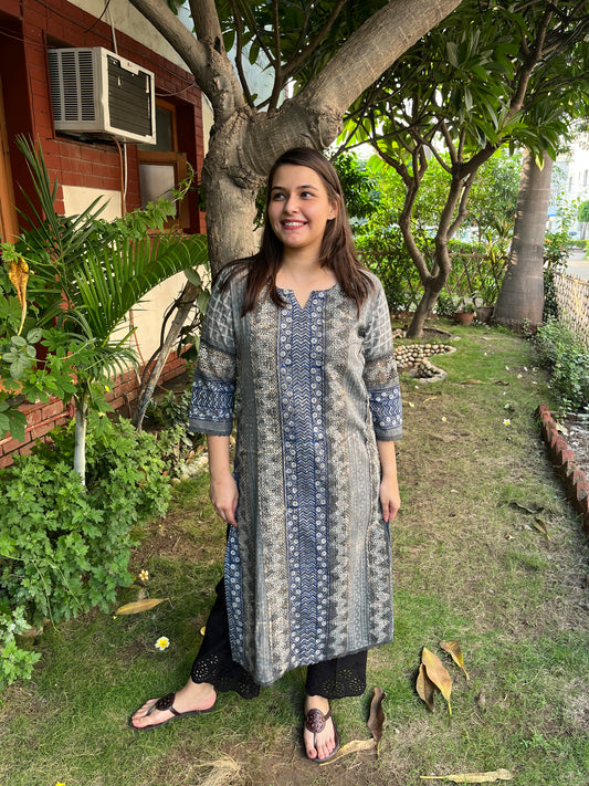 Grey Bagru lacework kurta