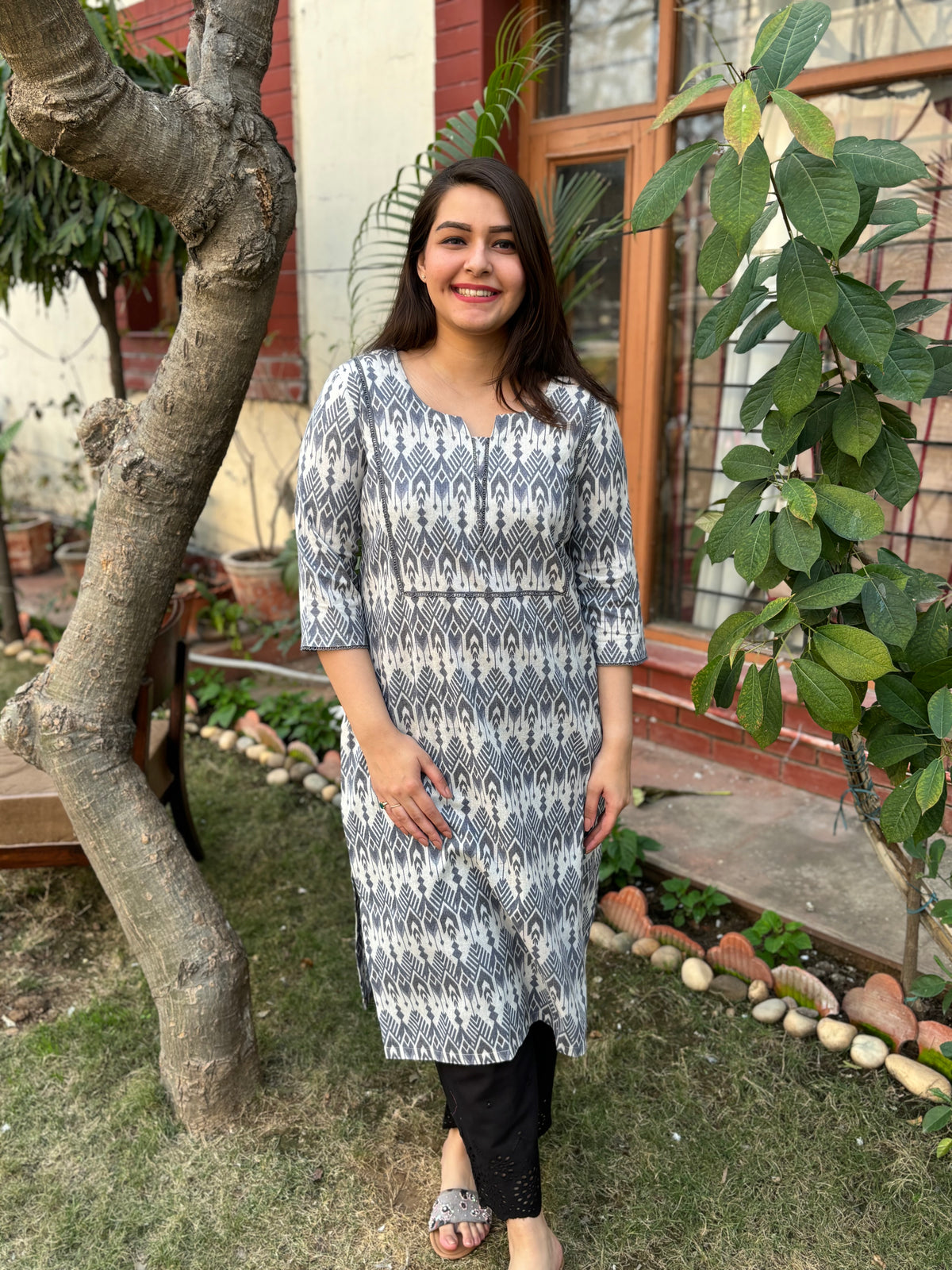 Grey digital Print lace kurta