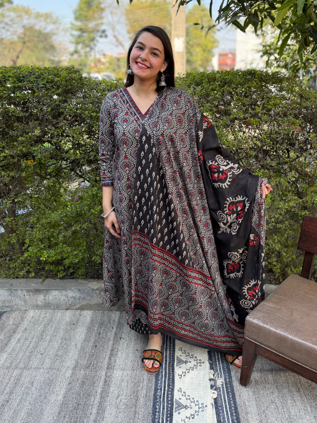 Black Overall Printed Aline Full Suit Set dupatta detail by MySanskritam 