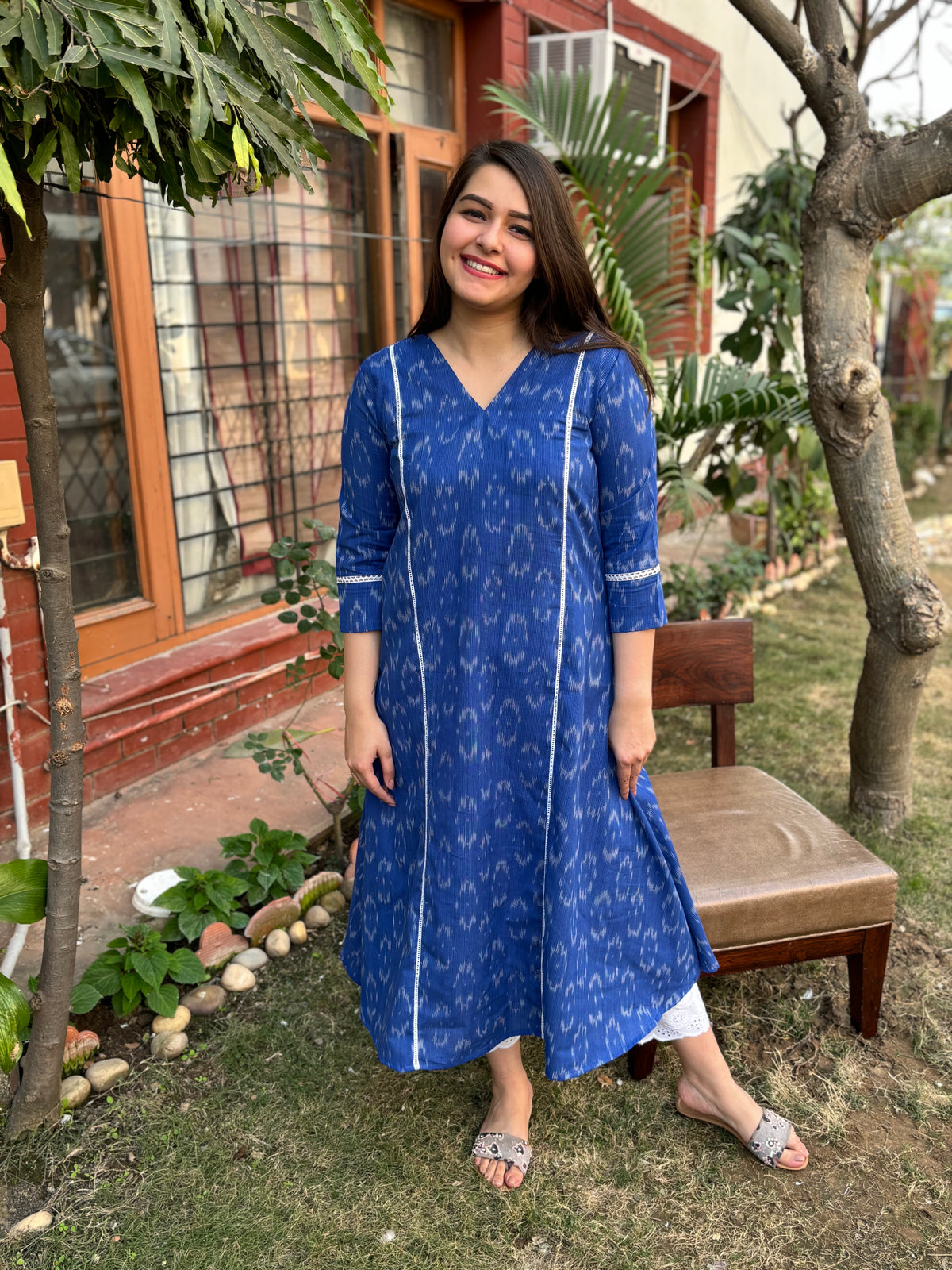 Blue Ikkat Aline kurta with Pocket