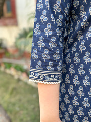 Blue flower printed lace kurta with border