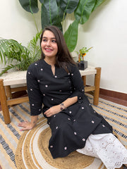 Black small flower embroidered aline kurta