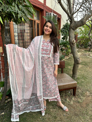 Grey floral Handblock printed full suit set