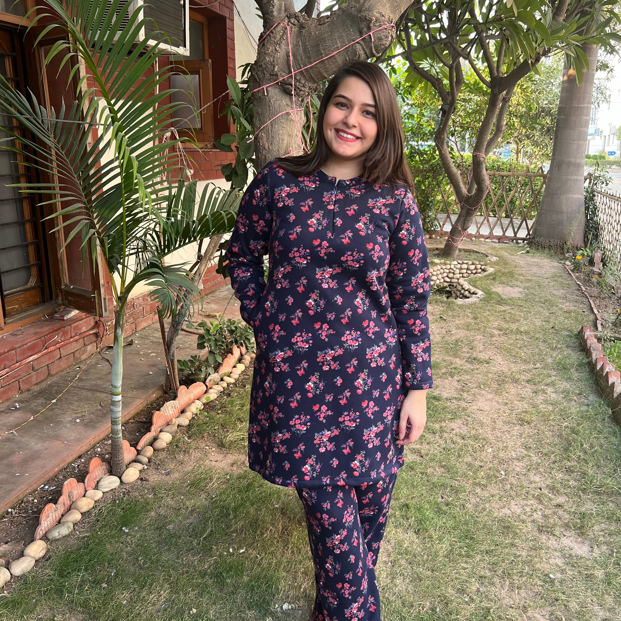 Blue Floral Fleece winter nightsuit - MYSANSKRITAM