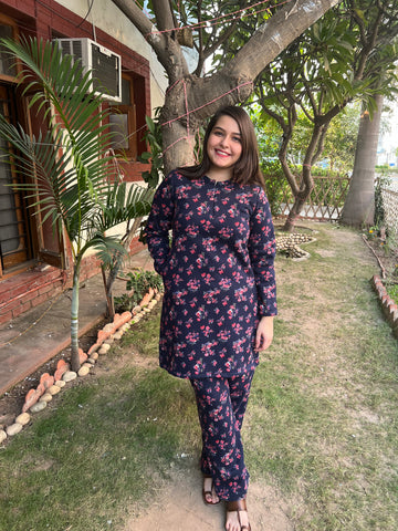 Blue Floral Fleece winter nightsuit - MYSANSKRITAM