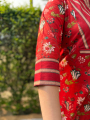 Sanganeri red floral yoke kurta