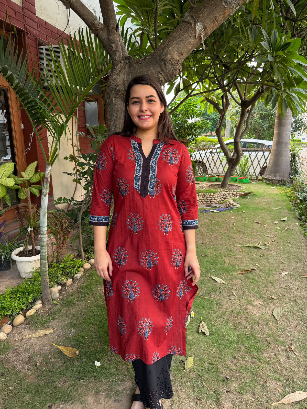 Maroon peacock ban neck kurta