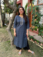 Blue flower printed lace kurta with border