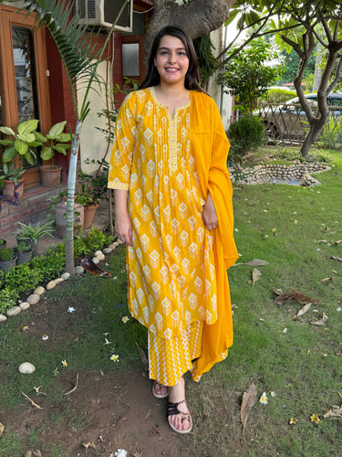 Yellow Ikkat Print Pintucks Suit Set