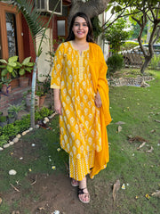 Yellow Ikkat Print Pintucks Suit Set by MySanskritam