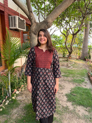 Black Grey Yoke sanganeri kurta - MYSANSKRITAM