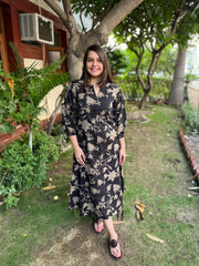 Black Floral dress with pockets - MYSANSKRITAM