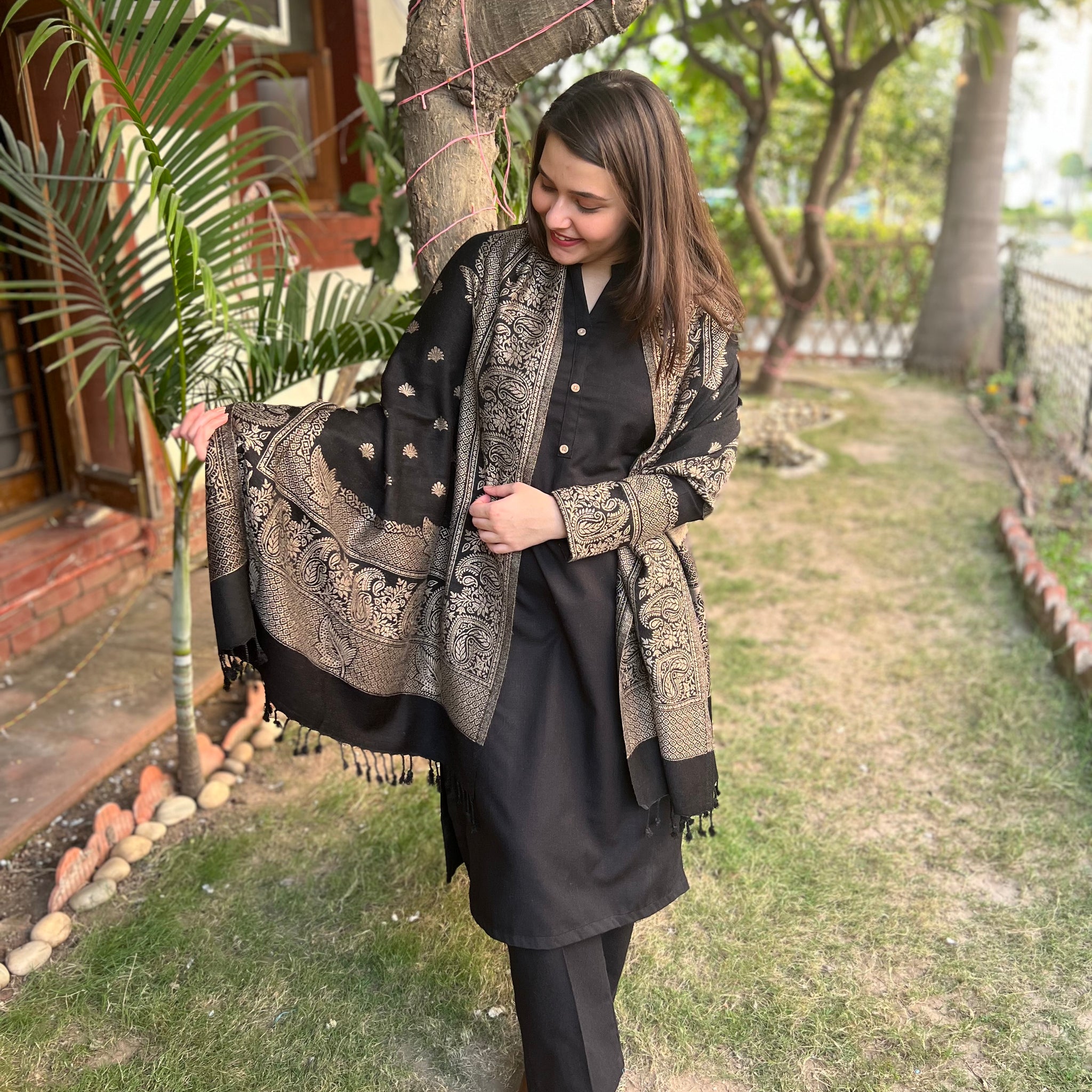 Black Woollen suit set with Shawl - MYSANSKRITAM