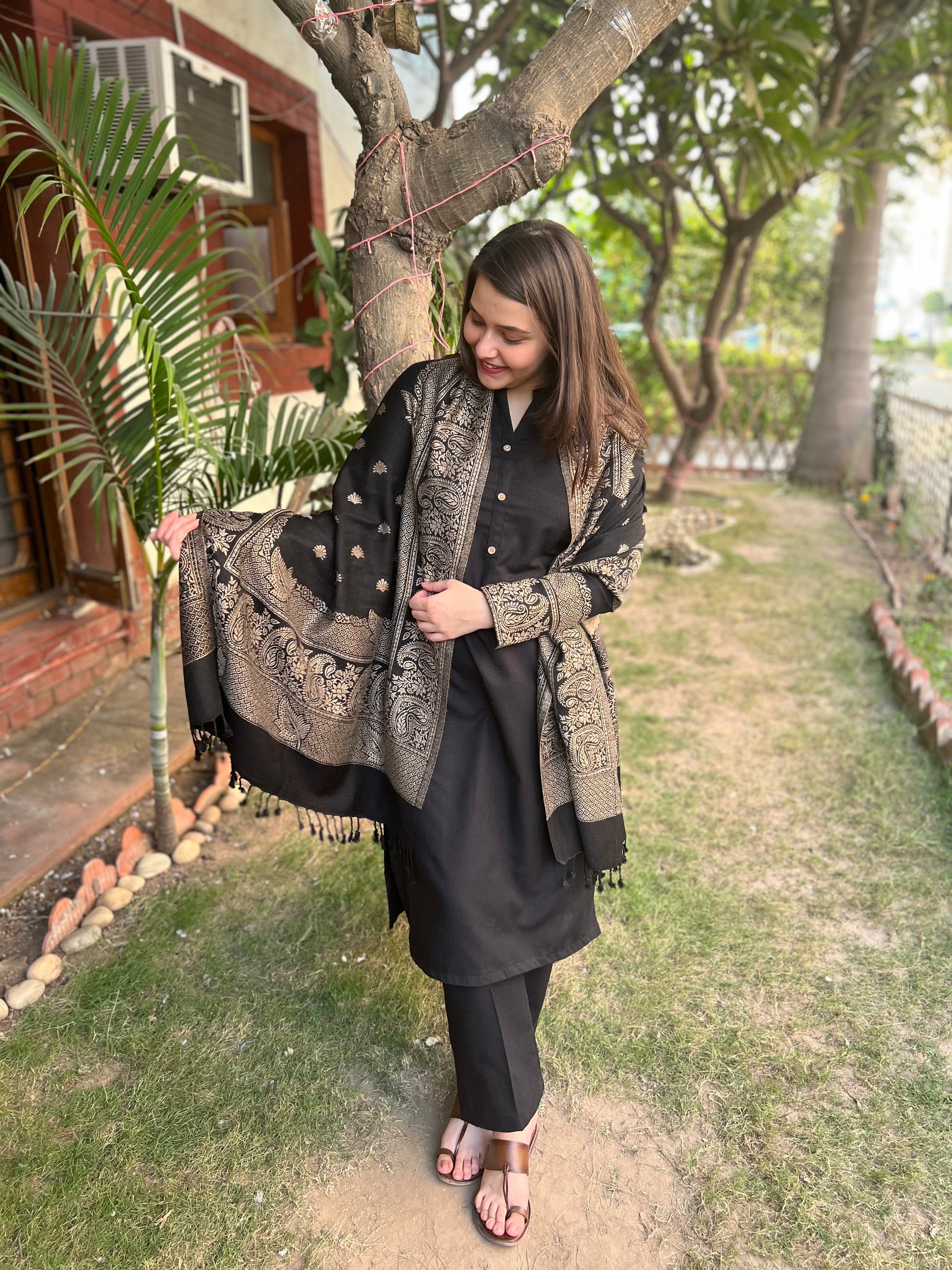 Black Woollen suit set with Shawl - MYSANSKRITAM