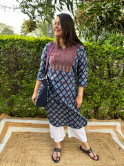 Blue Sanganeri yoke kurta