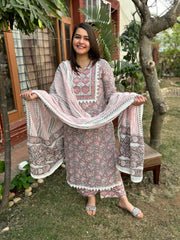 Grey floral Handblock printed full suit set