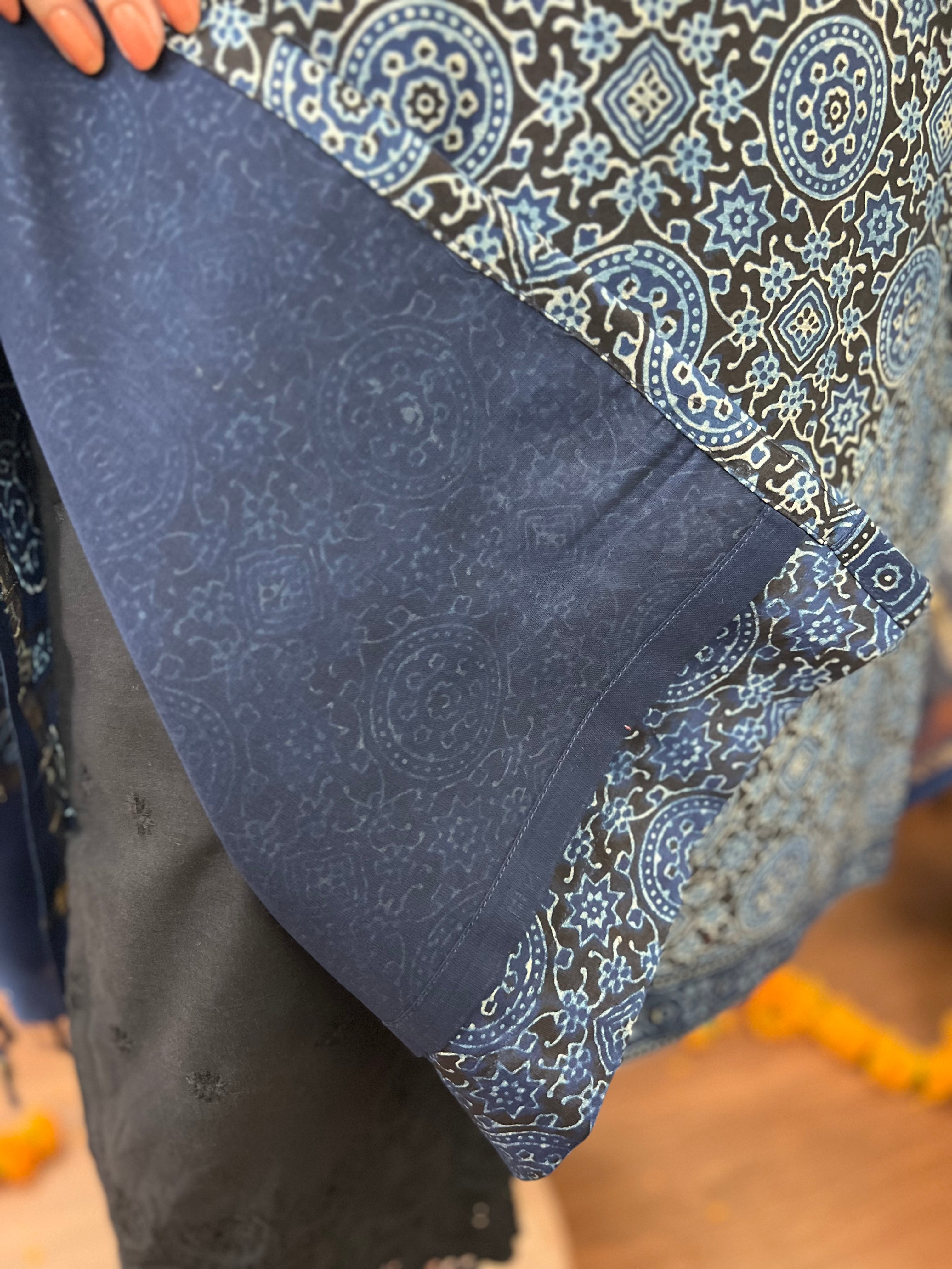 Ajrakh Chanderi Indigo kurta duppata set - MYSANSKRITAM