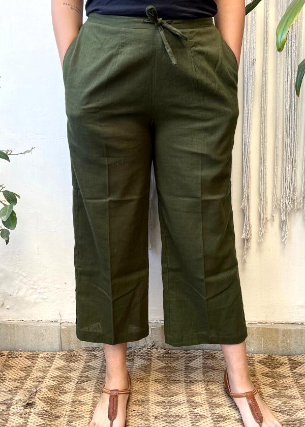 Bottle Green Slub Cotton Pants - MYSANSKRITAM