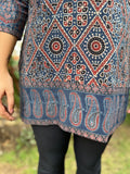 Indigo Geometric ajrakh border kurti - MYSANSKRITAM