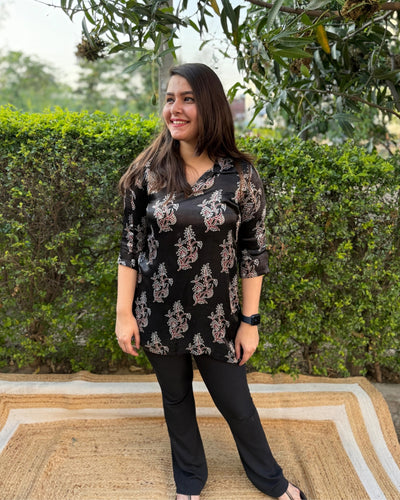 Black Ajrakh buta Modal silk kurti