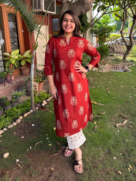 Rust Buta Ban Neck Kurta by MySanskritam