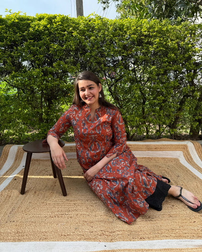 Rust geometric A-line kurta with pocket