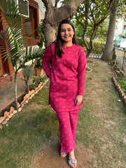 Pink floral fleece woollen fabric kurti top