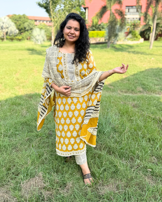 Mustard Bagru full suit set