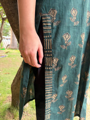 Bottle green flower V neck kurta