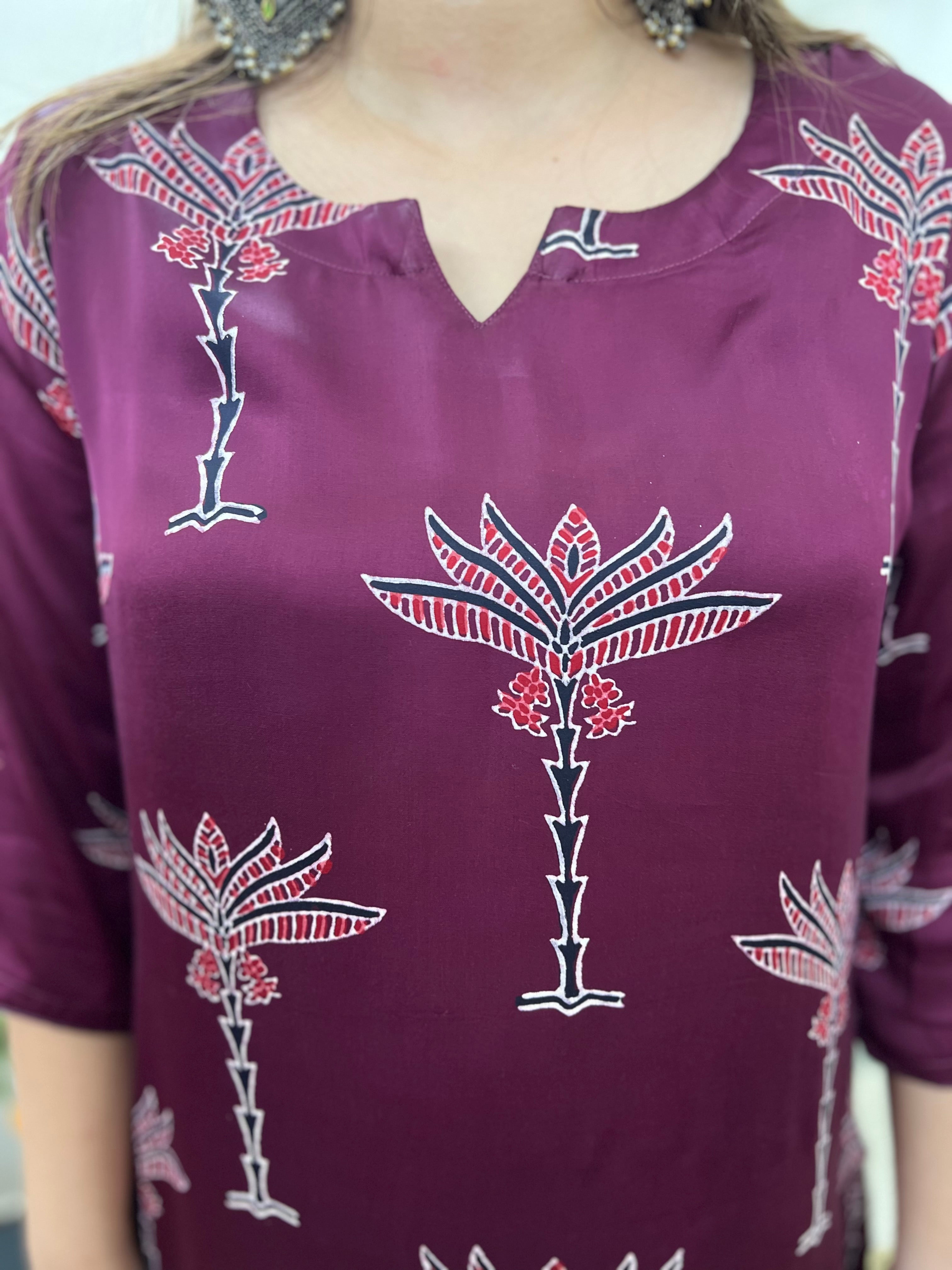 Premium Modal Wine Tree long kurta - MYSANSKRITAM