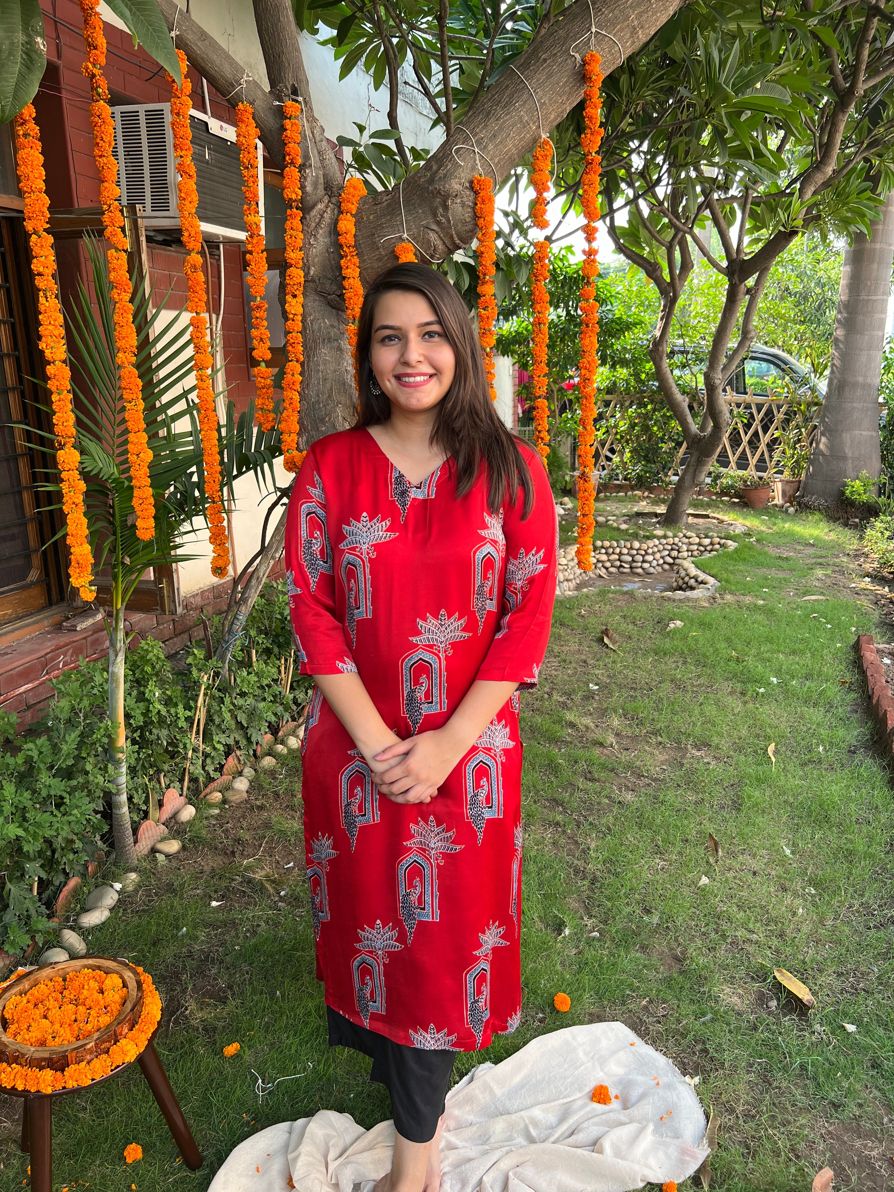 Bright Red Peacock Modal kurta - MYSANSKRITAM