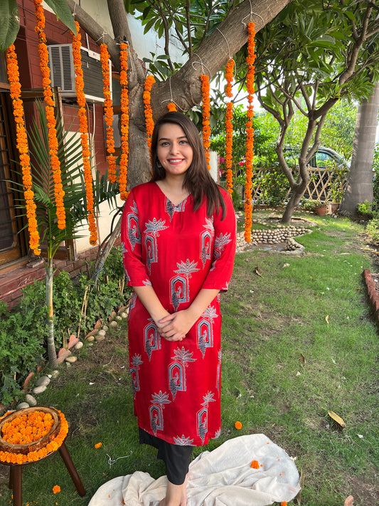 Bright Red Peacock Modal kurta - MYSANSKRITAM