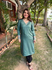 Sea Green border woollen kurta