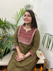 Mehendi embroidered yoke Long kurta - MYSANSKRITAM