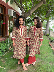 Brick red cream ajrakh Geometric kurta - MYSANSKRITAM