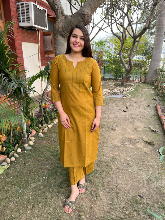 Mustard Mehendi Buti Coord Set (Kurta+Pant)