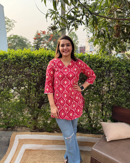 Peach ikkat print kantha kurti