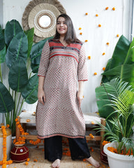 Cream Bindi designer kurta with Linen duppata