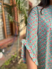 Sea green small flower button shirt