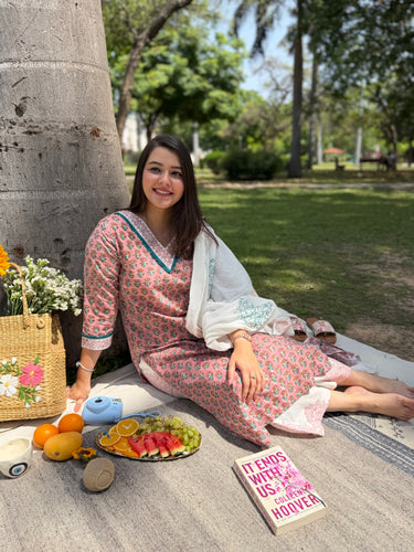 onion pink floral handblock full suit set
