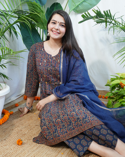 Blue Sanganeri Pintucks suit set