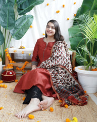 Maroon Chanderi A-line kurta dupatta set